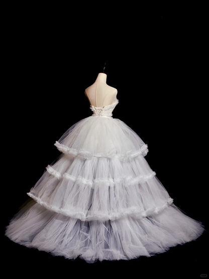 Princess Ball Gown Strapless Tulle Lace Tiered Long Wedding Dresses C3849