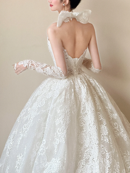 Dreamy Ball Gown Strapless White Lace With Gloves Long Wedding Dresses C3851