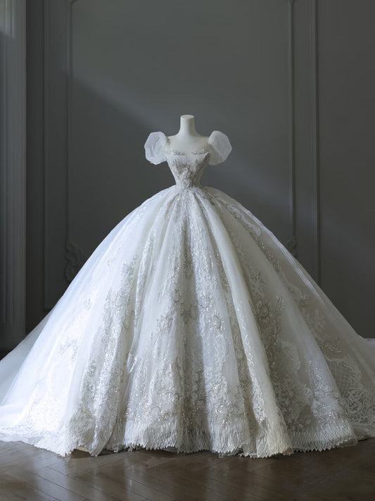Unique Ball Gown Square Neckline Sequin Short Sleeves Wedding Dresses Brides Dress