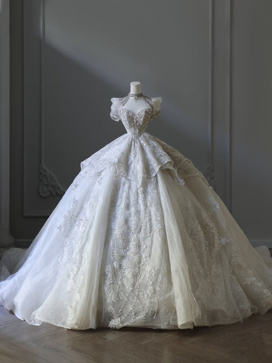 Unique Ball Gown Sweetheart Sequin Short Sleeves Wedding Dresses Brides Dress