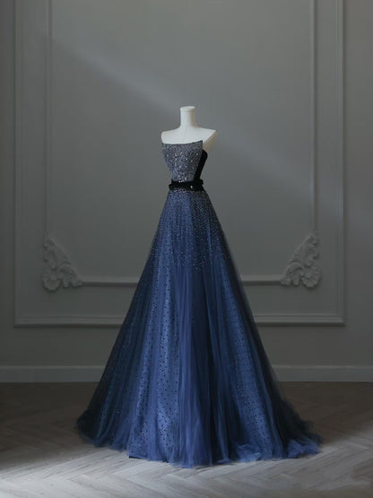Sexy A line Strapless Navy Blue Tulle Long Prom Dresses Evening Gowns