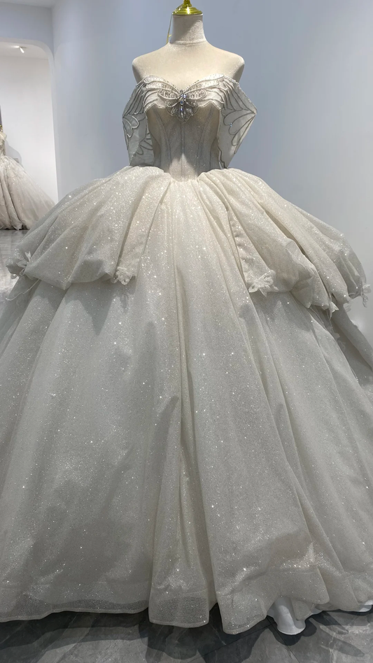 Gorgeous Ball Gown Off The Shoulder Satin Tulle Sequin Long Wedding Dresses C3868