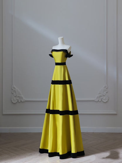 Sexy A Line Strapless Satin Yellow Long Prom Dresses Evening Gowns