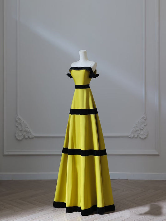 Sexy A Line Strapless Satin Yellow Long Prom Dresses Evening Gowns