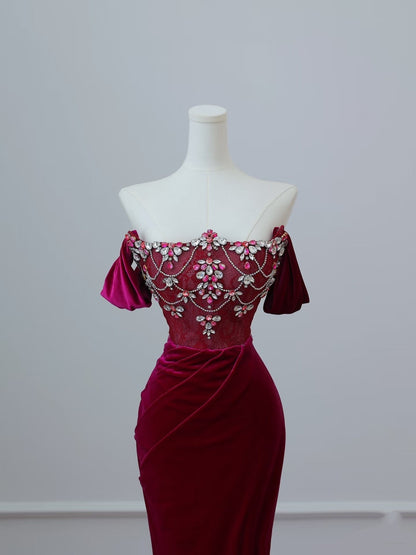 Sexy Mermaid Off The Shoulder Burgundy Long Prom Dresses Evening Gowns