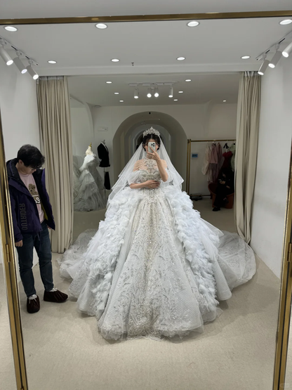 Timeless Ball Gown Off The Shoulder Satin Tulle Sequin Beaded With Veil Long Wedding Dresses C3905