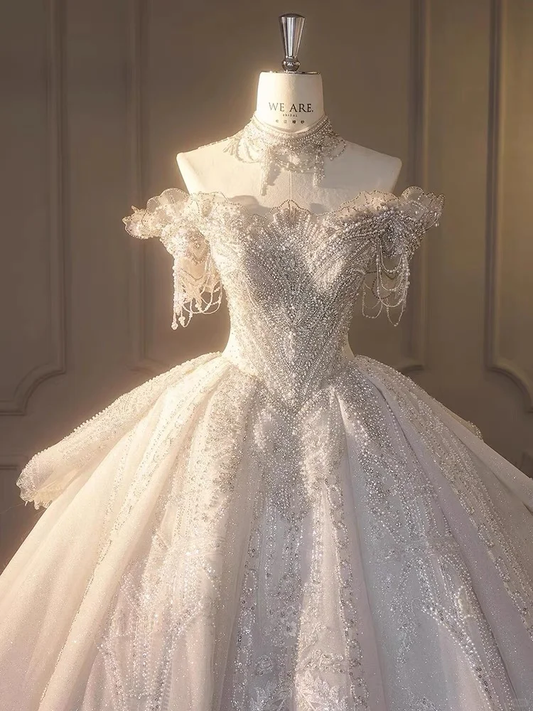 Timeless Ball Gown Off The Shoulder Tulle Sequin Beaded Long Wedding Dresses C3915