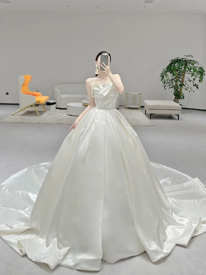 Elegant Ball Gown Strapless Satin Pleated Long Wedding Dresses C3977