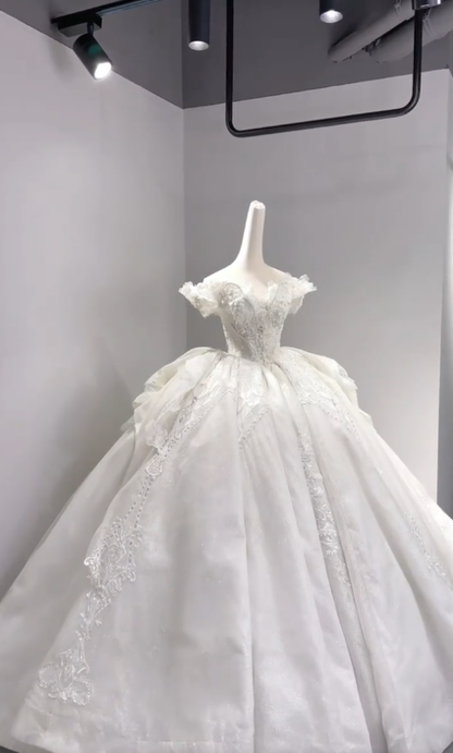 Timeless Ball Gown Off The Shoulder Tulle Lace Beaded Long Wedding Dresses C3989