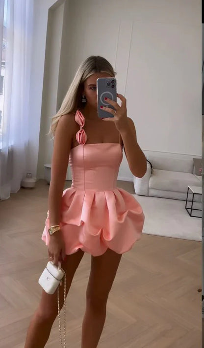 Vintage Pink Satin Short A-Line Party Dress Cocktail Dress Homecoming Dress TP4449