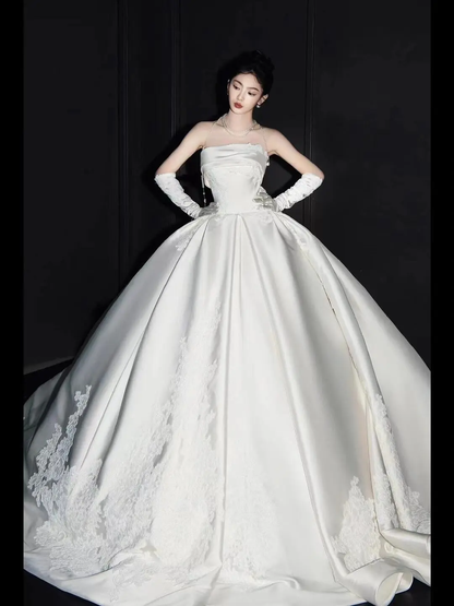 Timeless Ball Gown Strapless Satin Applique With Gloves Long Wedding Dresses C4005