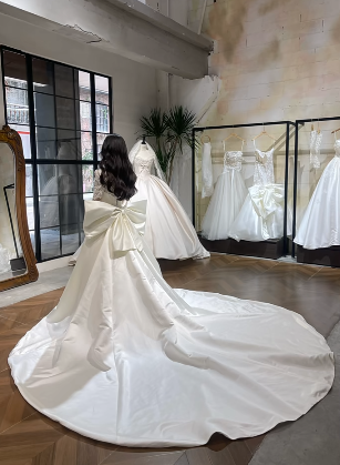 Elegant Ball Gown V Neck Satin Lace Long Sleeves With Veil Long Wedding Dresses C4020