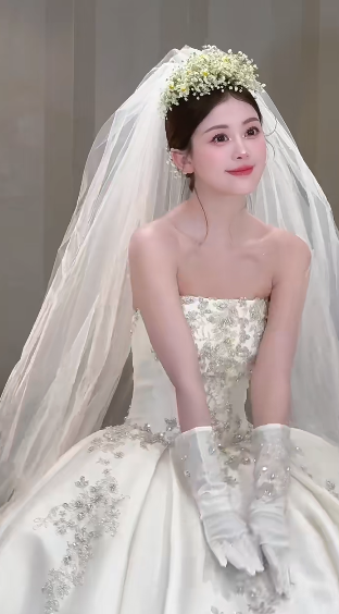Dreamy Ball Gown Strapless Satin Applique With Veil Gloves Long Wedding Dresses C4052