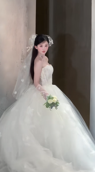 Dreamy Ball Gown Strapless Tulle Applique With Veil Long Wedding Dresses C4056