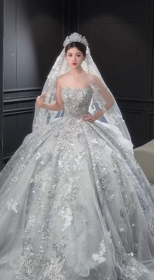 Dreamy Ball Gown Strapless Tulle Sequin Beaded With Veil Long Wedding Dresses C4066