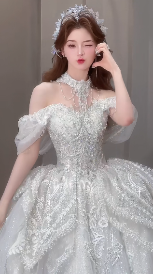 Gorgeous Ball Gown Off The Shoulder Tulle Sequin Beaded Long Wedding Dresses C4069