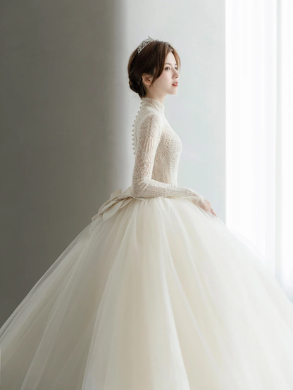 Unique Ball Gown Tulle Lace Long Sleeves Long Wedding Dresses C4171