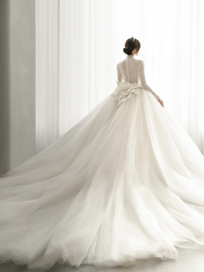 Unique Ball Gown Tulle Lace Long Sleeves Long Wedding Dresses C4171