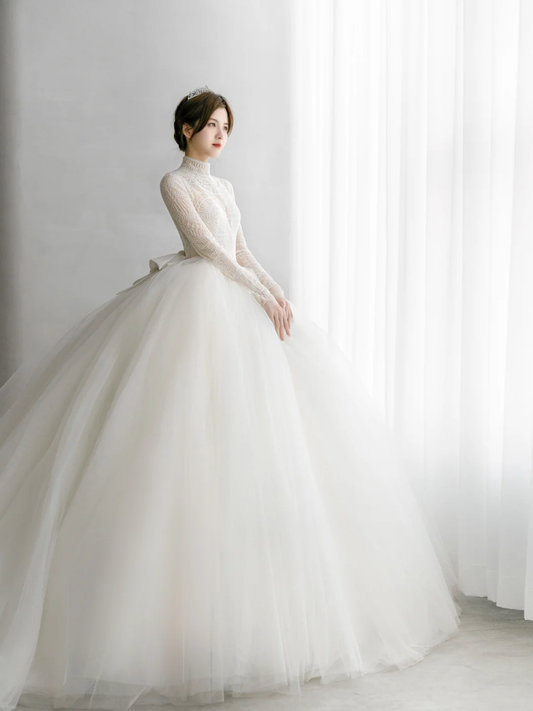 Unique Ball Gown Tulle Lace Long Sleeves Long Wedding Dresses C4171