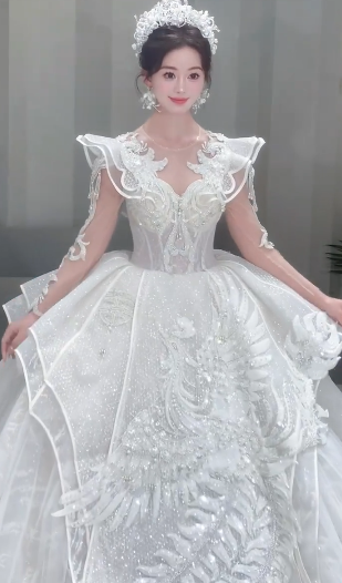 Unique Ball Gown Tulle Sequin Beaded Long Sleeves Long Wedding Dresses C4075