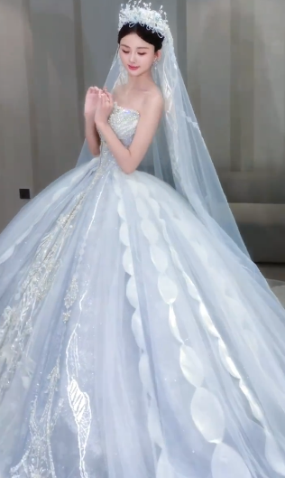 Gorgeous Ball Gown Strapless Tulle Sequin With Veil Long Wedding Dresses C4087