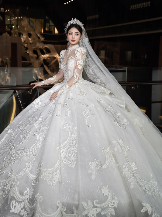Dreamy Ball Gown Tulle Lace Applique Long Sleeves With Veil Long Wedding Dresses C4089