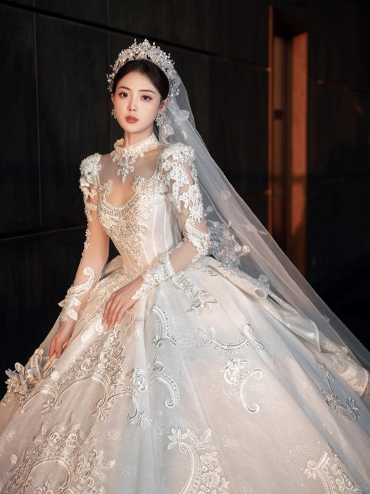 Dreamy Ball Gown Tulle Lace Applique Long Sleeves With Veil Long Wedding Dresses C4089