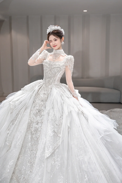 Gorgeous Ball Gown Tulle Sequin Long Sleeves Long Wedding Dresses C4090