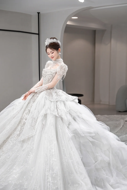 Gorgeous Ball Gown Tulle Sequin Long Sleeves Long Wedding Dresses C4090