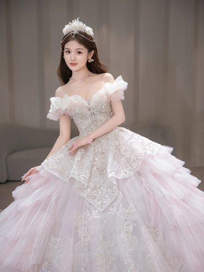 Unique Ball Gown Off The Shoulder Tulle Sqeuin Long Wedding Dresses C4092