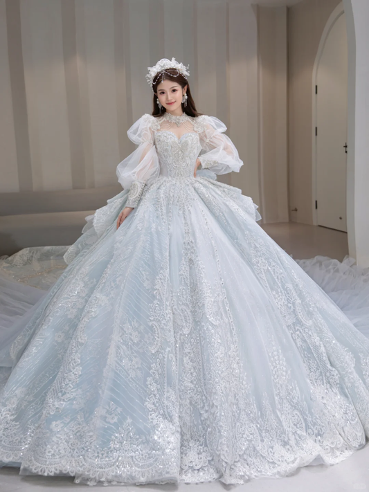 Timeless Ball Gown Tulle Sequin Beaded Long Sleeves Long Wedding Dresses C4094