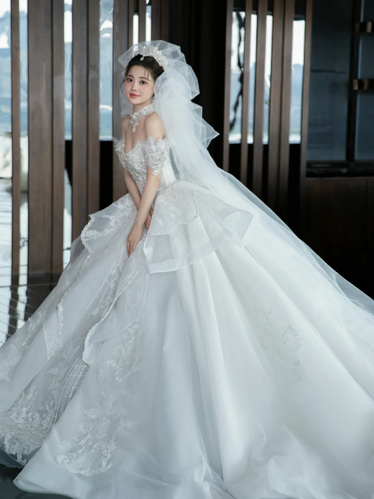 Dreamy Ball Gown Off The Shoulder White Tulle Lace With Veil Long Wedding Dresses C4098