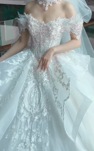 Dreamy Ball Gown Off The Shoulder White Tulle Lace With Veil Long Wedding Dresses C4098