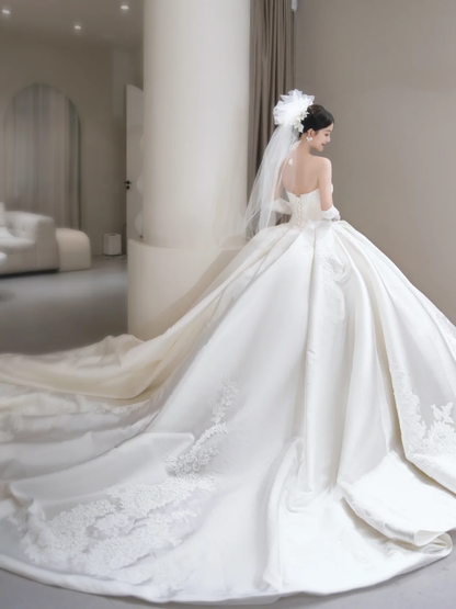 Classy Ball Gown Strapless Satin Applique With Veil Gloves Long Wedding Dresses C4101
