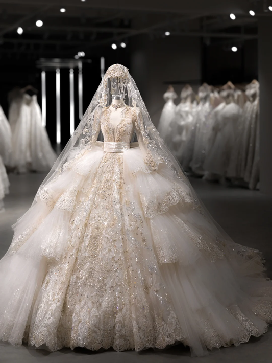 Luxurious Ball Gown Tulle Lace Sequin Beaded Long Sleeves With Veil Long Wedding Dresses C4102