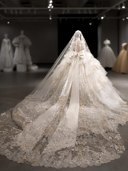 Luxurious Ball Gown Tulle Lace Sequin Beaded Long Sleeves With Veil Long Wedding Dresses C4102