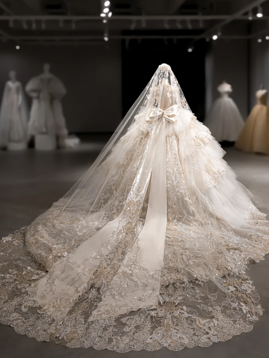 Luxurious Ball Gown Tulle Lace Sequin Beaded Long Sleeves With Veil Long Wedding Dresses C4102
