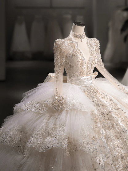 Luxurious Ball Gown Tulle Lace Sequin Beaded Long Sleeves With Veil Long Wedding Dresses C4102
