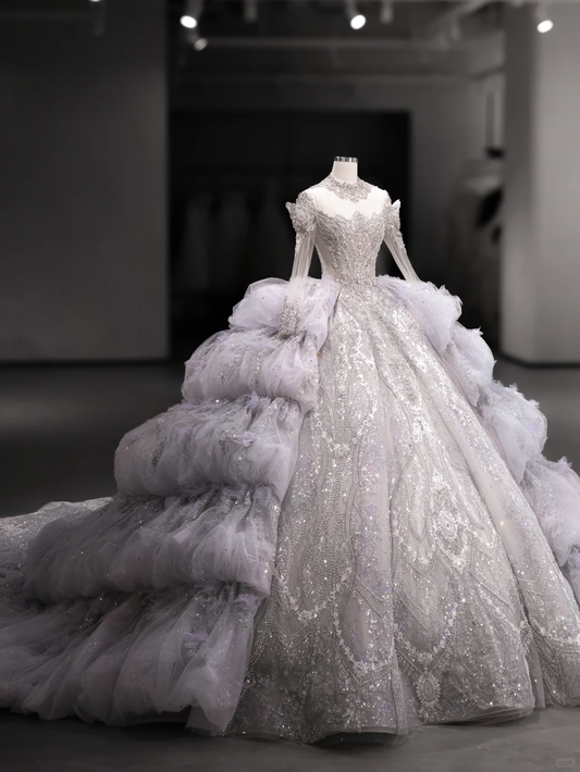 Luxurious Ball Gown Off The Shoulder Tulle Lace Sequin Beaded Long Sleeves Long Wedding Dresses C4121