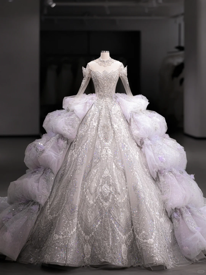 Luxurious Ball Gown Off The Shoulder Tulle Lace Sequin Beaded Long Sleeves Long Wedding Dresses C4121