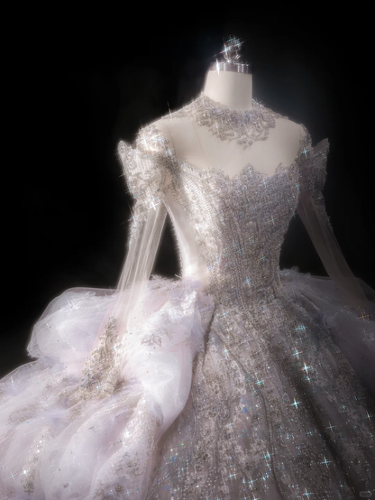 Luxurious Ball Gown Off The Shoulder Tulle Lace Sequin Beaded Long Sleeves Long Wedding Dresses C4121