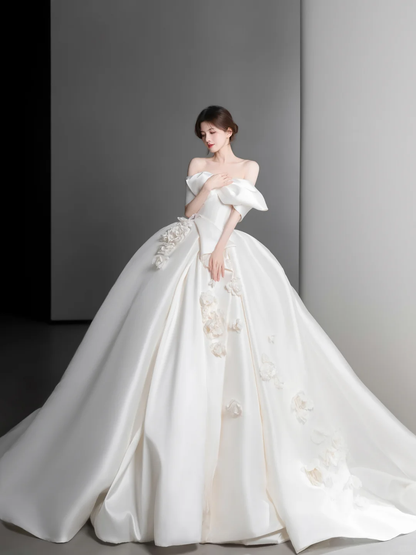 Elegant Ball Gown Off The Shoulder Satin Applique Long Wedding Dresses C4132