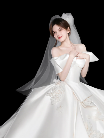 Elegant Ball Gown Off The Shoulder Satin Applique Long Wedding Dresses C4132