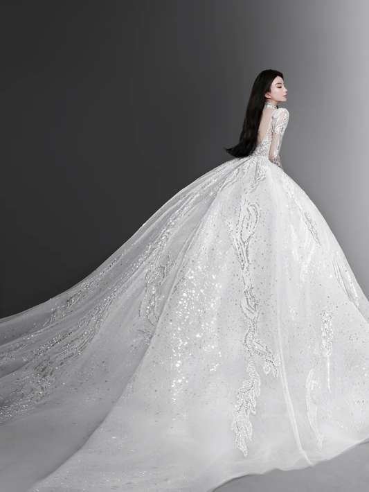 Gorgeous Ball Gown Tulle Lace Long Sleeves Long Wedding Dresses C4136
