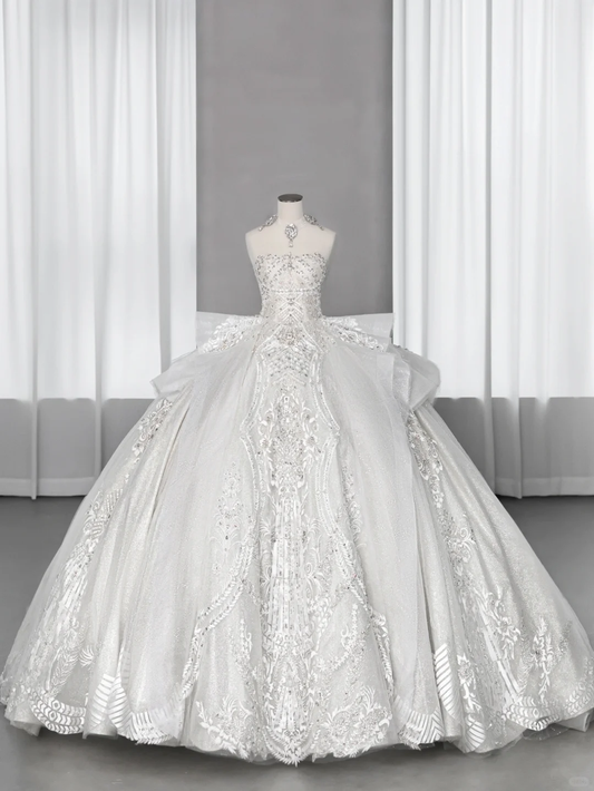 Timeless Ball Gown Strapless Tulle Lace Sequin Beaded Long Wedding Dresses C4148