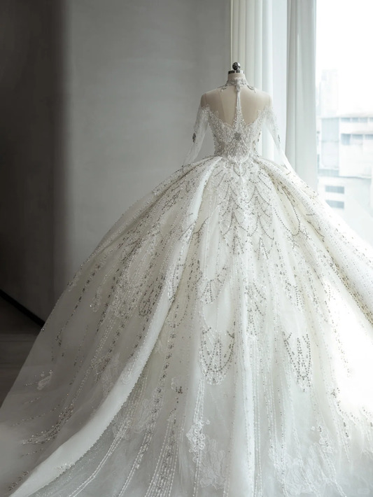 Timeless Ball Gown Tulle Sequin Beaded Long Sleeves Long Wedding Dresses C4179