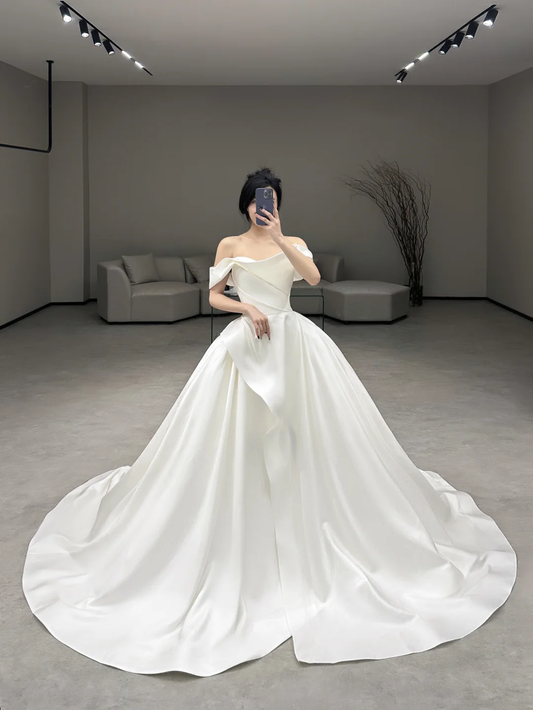 Simple Elegant Ball Gown Off The Shoulder Satin Long Wedding Dresses C4193