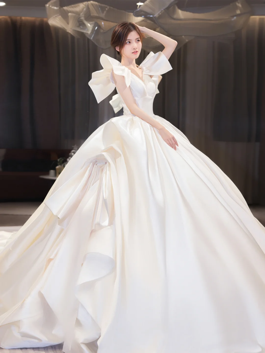 Elegant Ball Gown Off The Shoulder Satin Long Wedding Dresses C4209