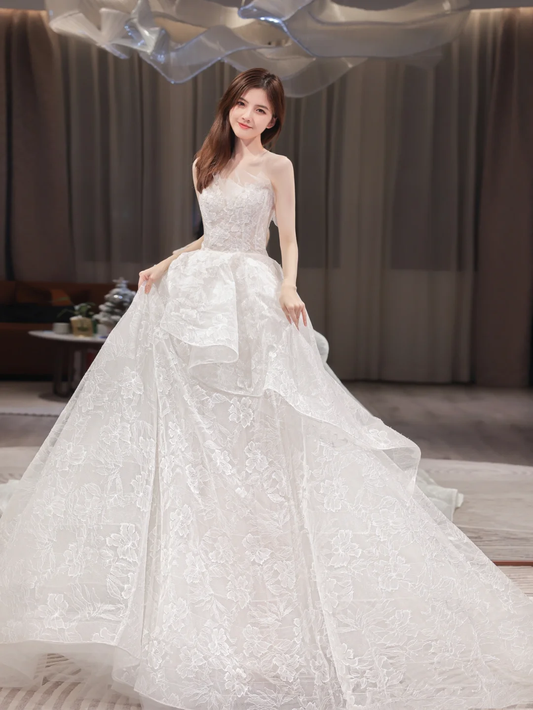 Dreamy Ball Gown Strapless Lace Long Wedding Dresses C4210