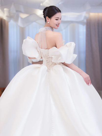Elegant Ball Gown Off The Shoulder Satin With Veil Long Wedding Dresses C4212